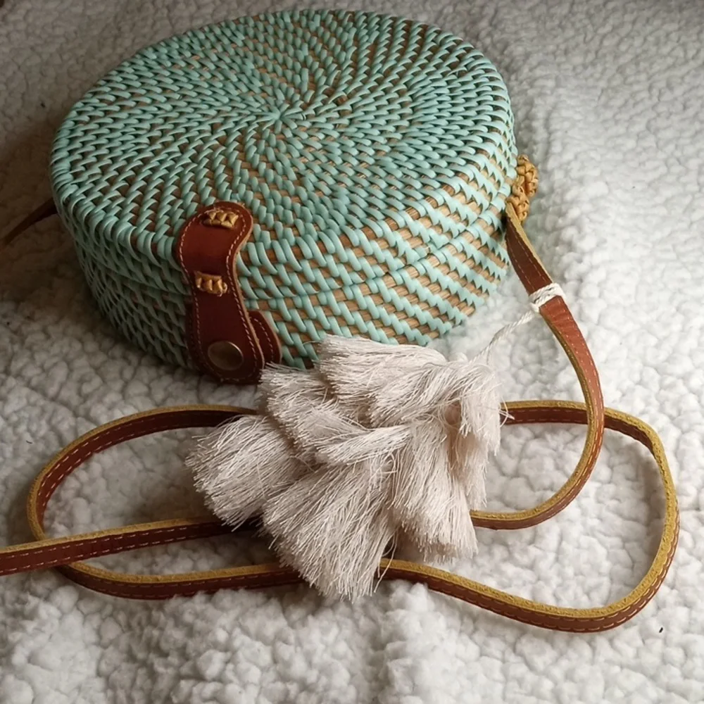 Round woven wicker purse with leather crossbody.  Check out pics!  NWT